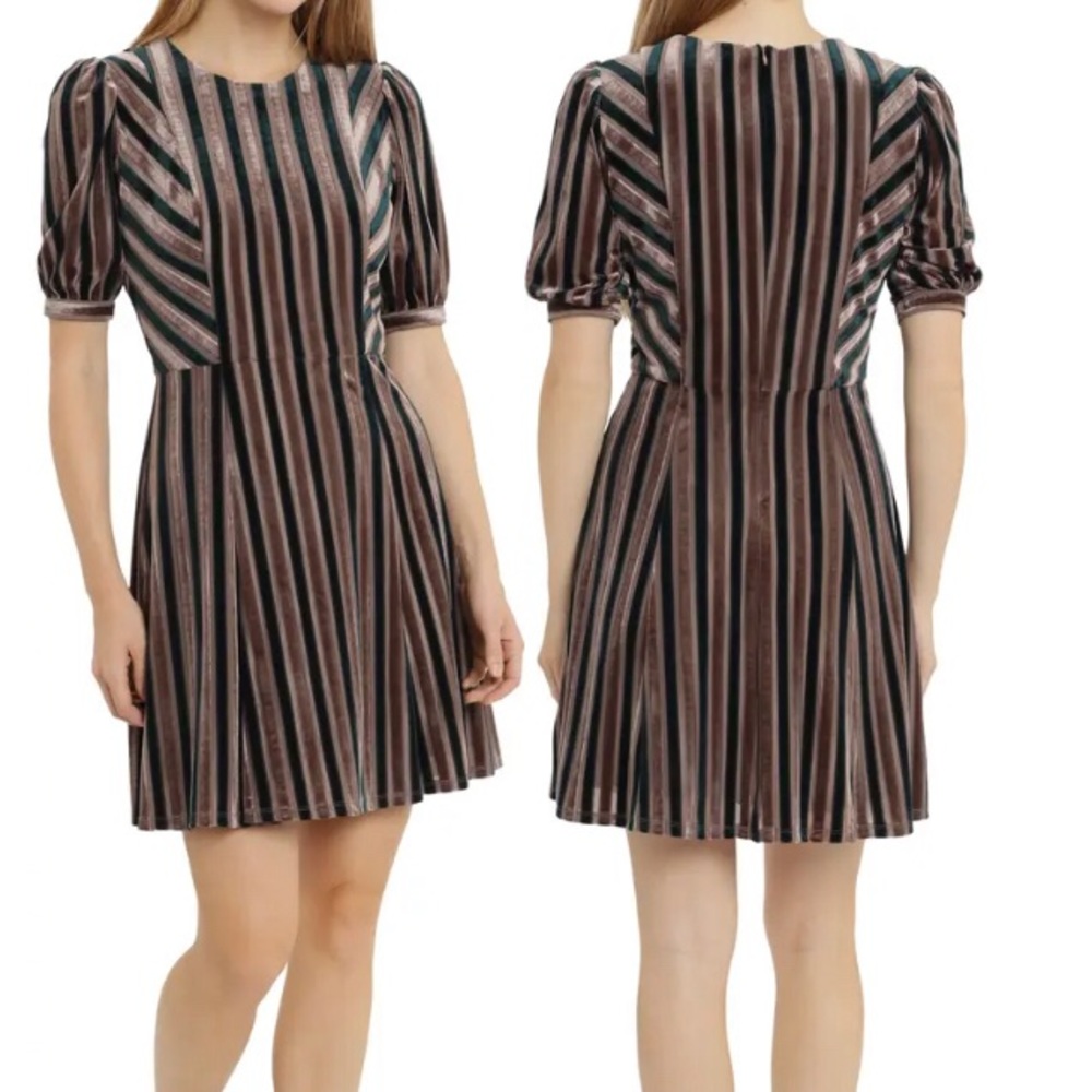 London Times | Velvet Stripe Puff Sleeve Dress